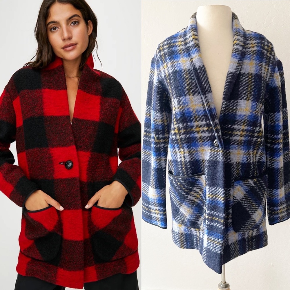 Aritzia Wilfred Free Off-Duty Neelam Wool Blend Jacket Blue Black Plaid | XXS